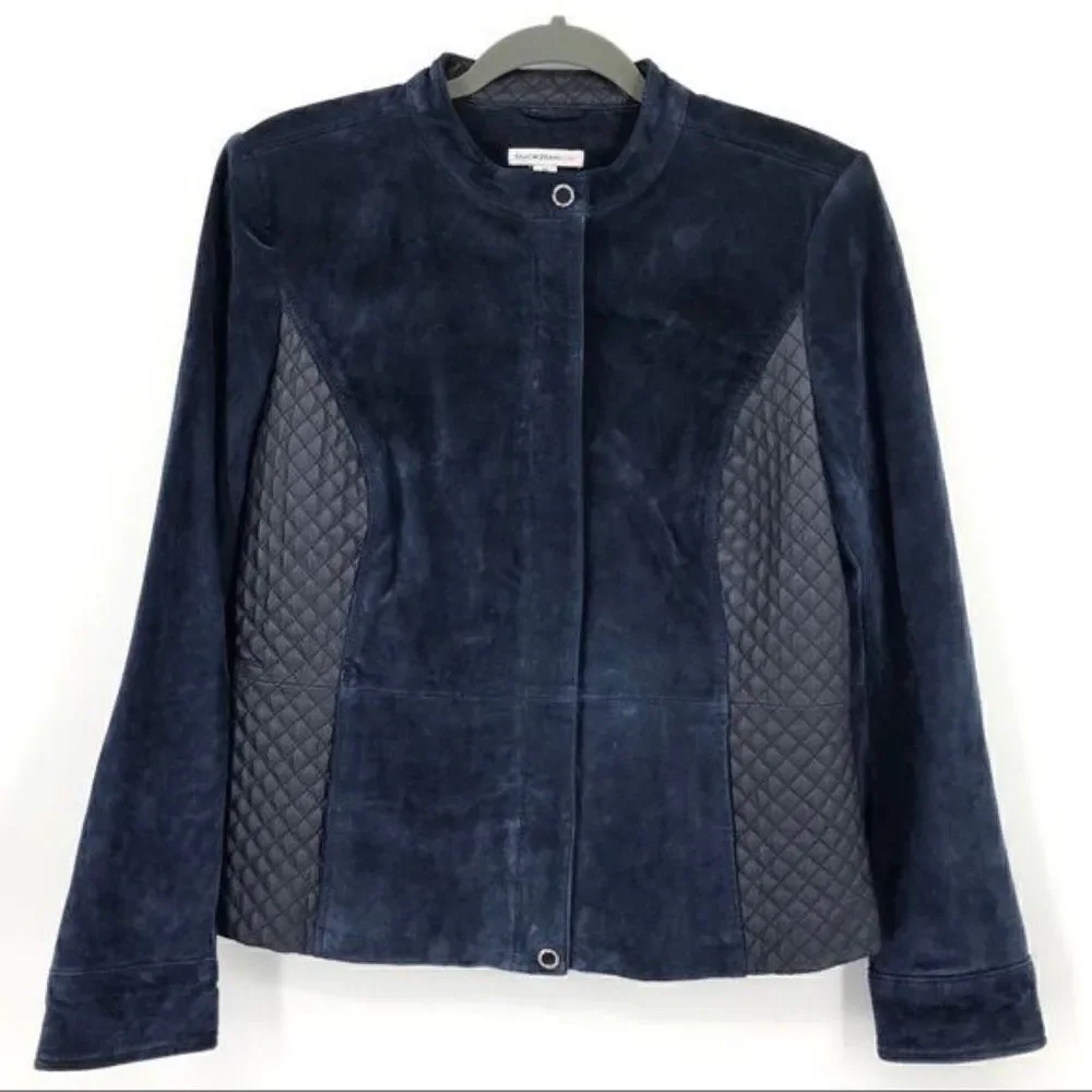 Isaac Mizrahi Live navy long sleeves leather jacket zipper closure women size 10